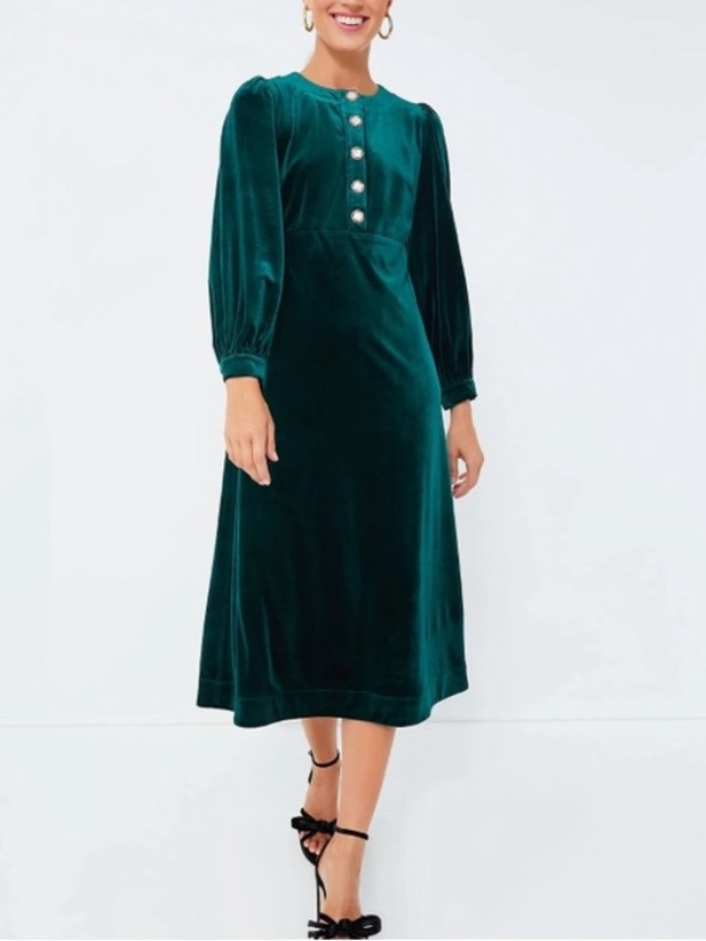 Tuckernuck Pomander Place NEW Velvet Midi Dress Emerald Green Puff Sleeve Medium